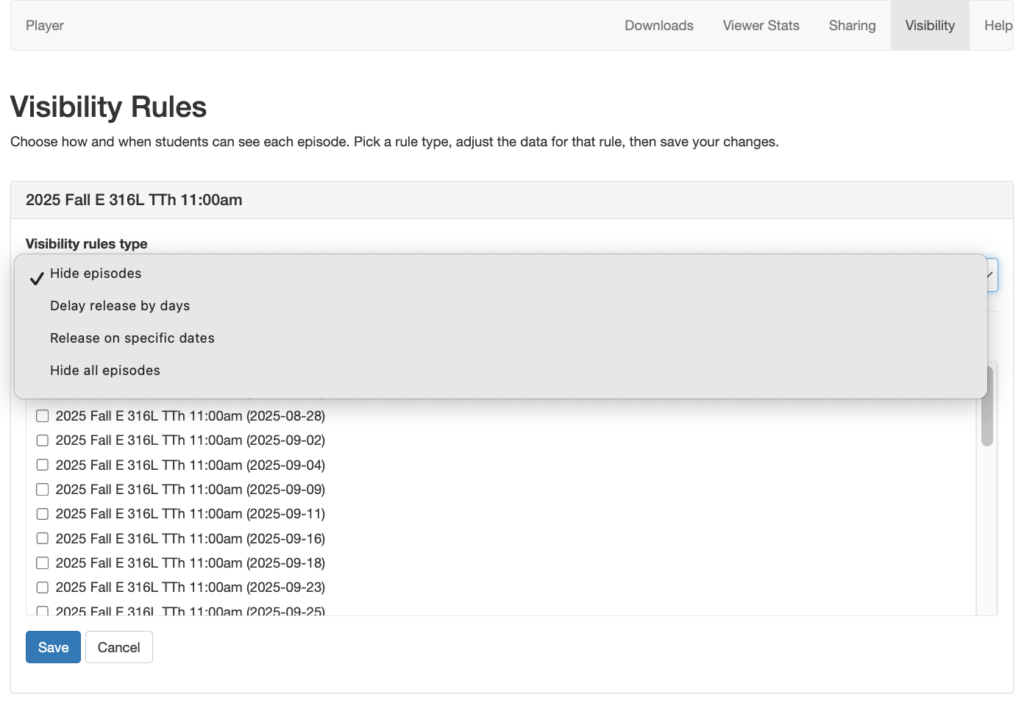 Visibility rules, drop-down menu.
