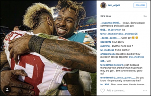 An image (with comments) posted on Odell Beckham, Jr.’s Instagram page. The photo features Beckham hugging close friend and Miami Dolphins wide receiver Jarvis Landry after a game.