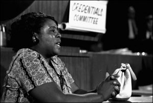 Fanny Lou Hamer, a leader of the Freedom Democratic party, speaks before the credentials committee of the Democratic national convention in Atlantic City, August 22, 1964, in efforts to win accreditation for the group as Mississippi's delegation to the convention. The Freedom group, composed almost entirely of Negroes, is opposed by the regular all-white Mississippi delegation.(AP Photo/stf)