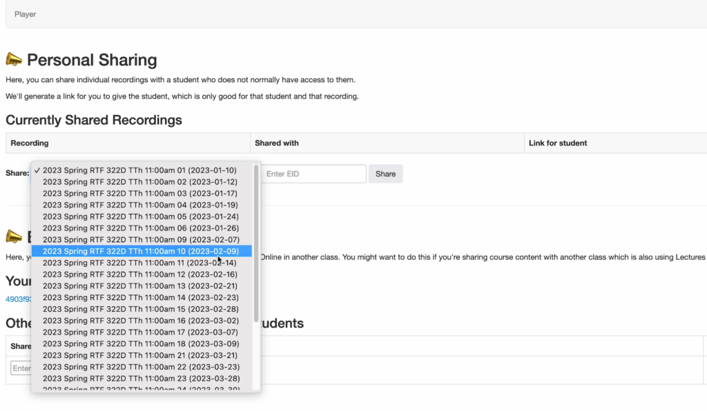 The sharing screen within the Lectures Online app displaying the full drop-down list of recordings available for a course. 